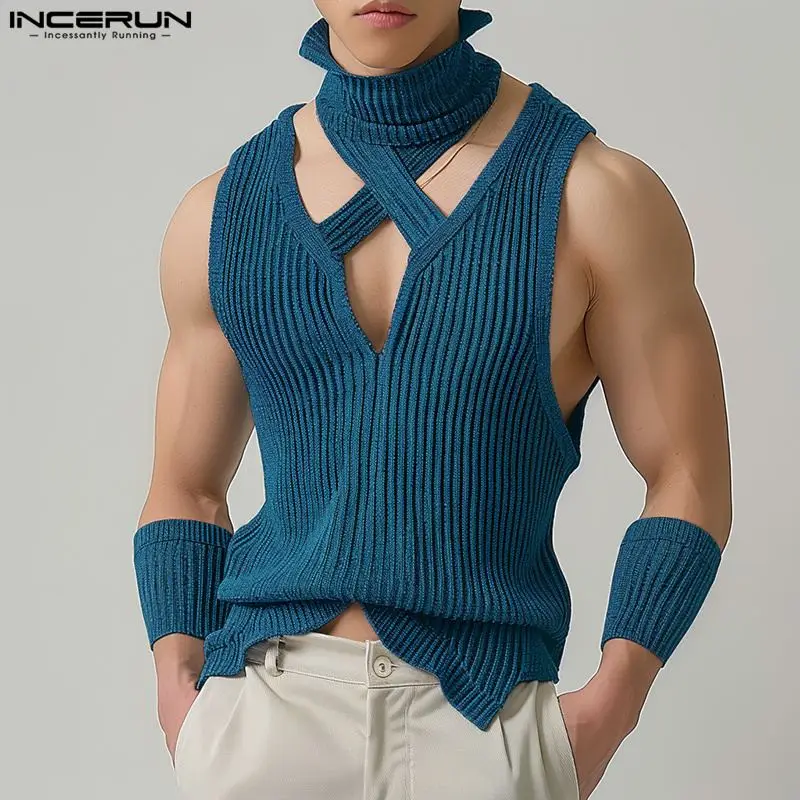 INCERUN Men Tank Tops Solid Color Turtleneck Sleeveless Hollow Out Casual Vests Streetwear 2024 Knitted Fashion Men Clothing