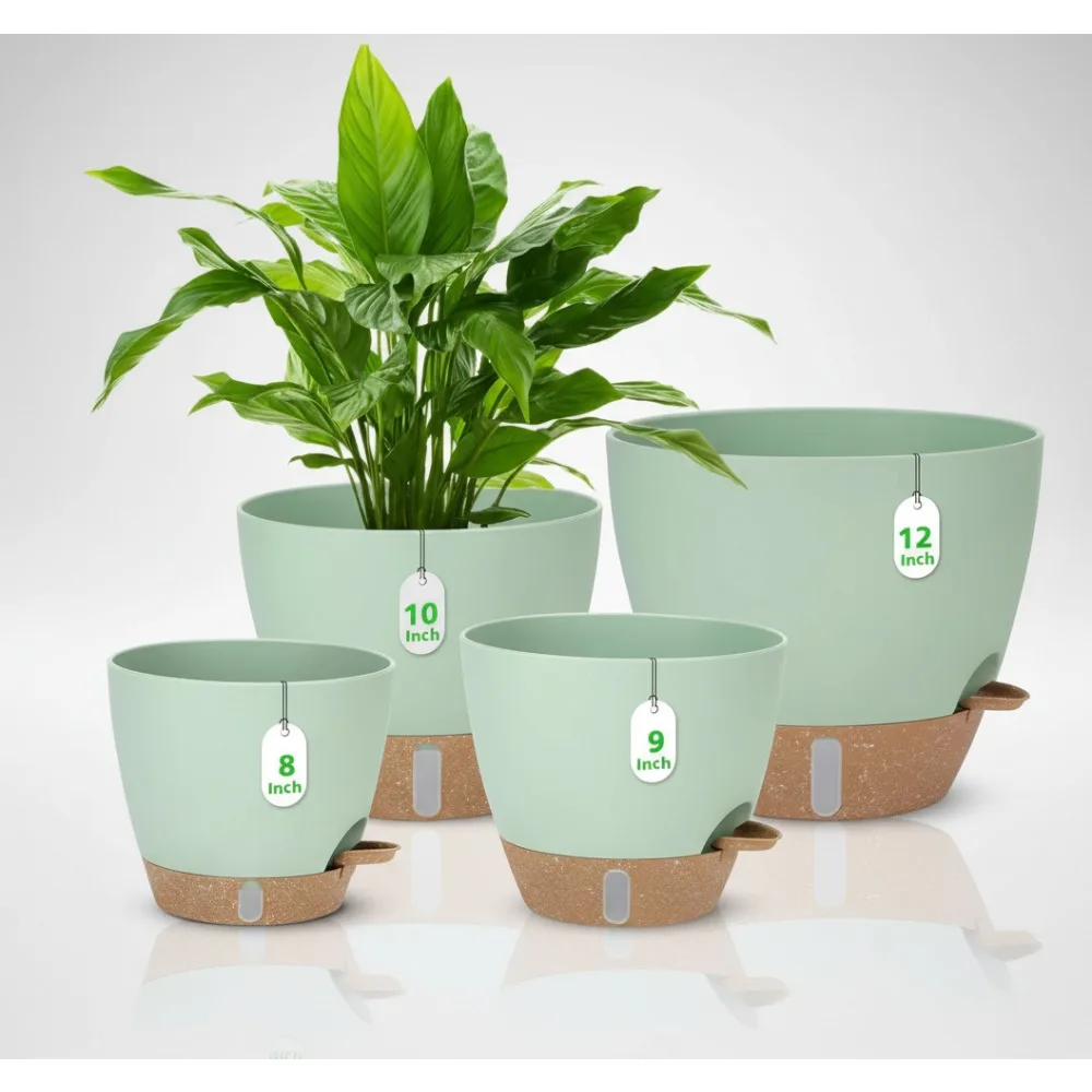 

Self Watering Plant Pots with Water Level Indicator, Large Plastic Planters Set for Indoor Outdoor Plants (Green)