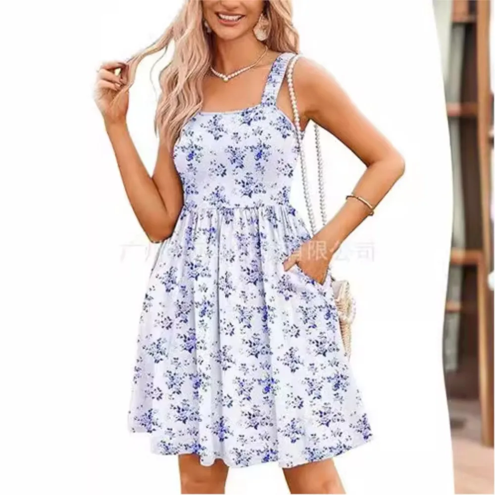 Damen-Sommerkleid, lässig, quadratischer Ausschnitt, mit Taschen, niedliches, ärmelloses, hoch tailliertes A-Linien-Weste-Sommerkleid für Damen 2025,