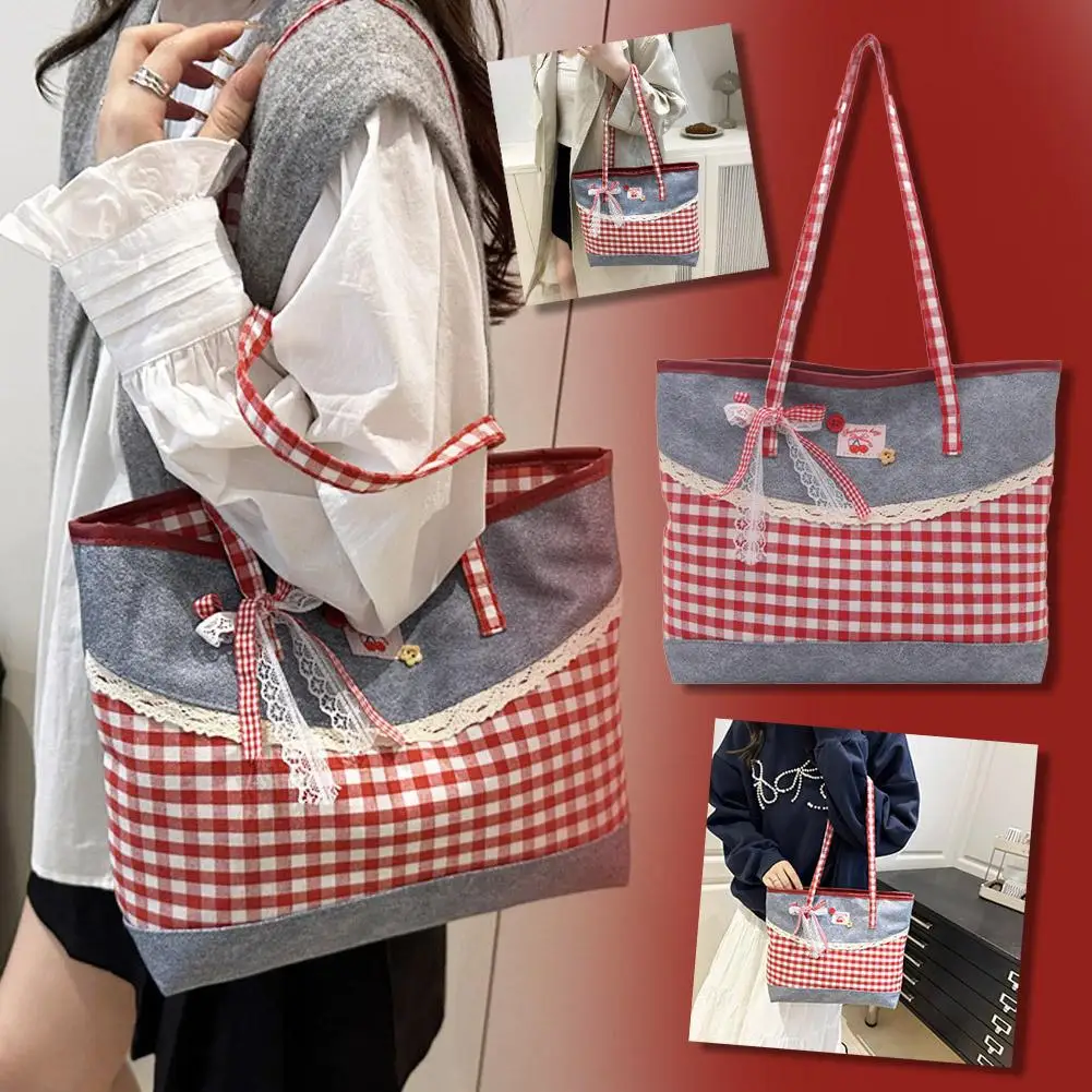 

Retro Lattice Lace Bow Shoulder Tote Bag Daily Bag Capacity Handbag Travel Style Large Z0a5