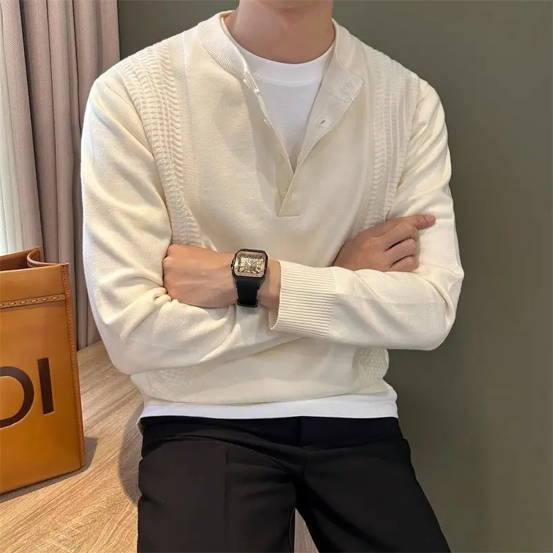 

Autumn Winter Henley Collar Button Sweater Men's Casual Long Sleeve Knitted Pullover Tops Office Gentleman Jacquard Base Jumper