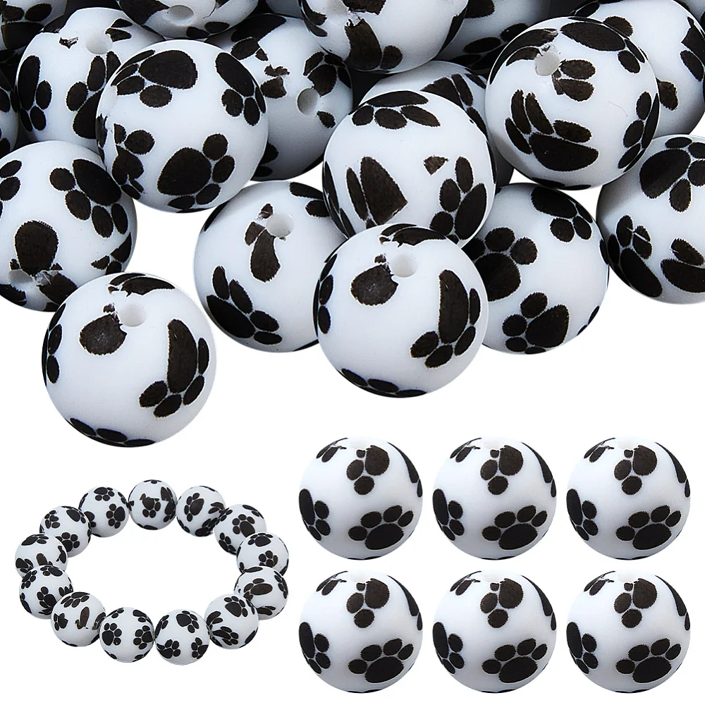 60Pcs Round Printed Beads 15mm Paw Print Focal Bead Dog Footprint Craft Bead Black Puppy Paw Print Beads