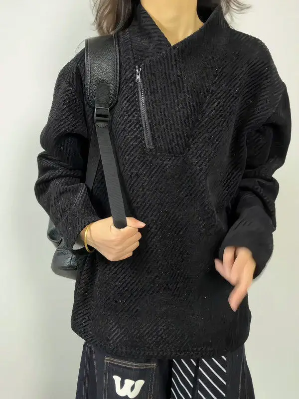 

Cleanfit Casual Diagonal Half Zip Hoodie Men's Winter American Stripe Couple Long Sleeve Base Shirt Loose Fit Polyester