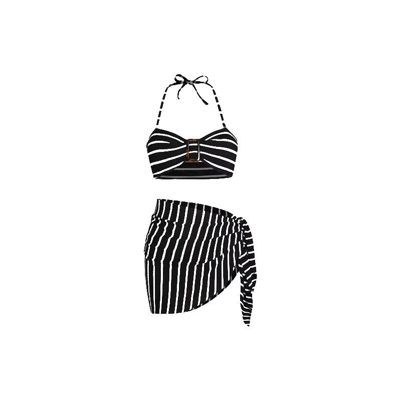 2025, gestreiftes Bikini-Set, dreiteilig |   Sexy Badeanzug mit hoher Taille und passendem Überzug für Strand- und Hot-Spring-Urlaub