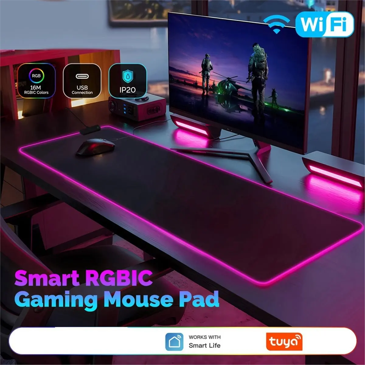 plplp Tuya WiFi Smart LED Mouse Pad RGBLED Colorful Lighting Office Desk Gaming Atmosphere Mouse Pad for Gaming PC Computer