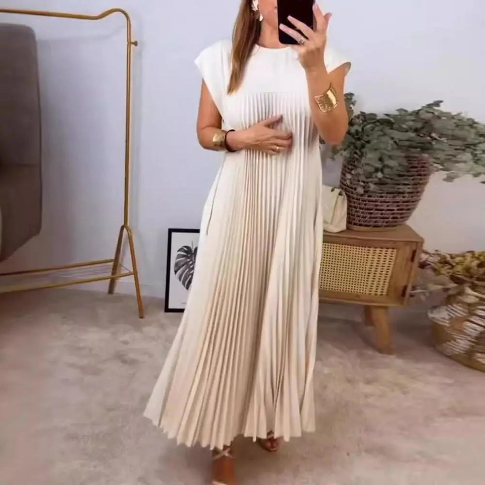 

Solid Color Dress Elegant Pleated A-line Midi Dress for Women Round Neck Summer Dress Soft Breathable Mid-calf Length Commute