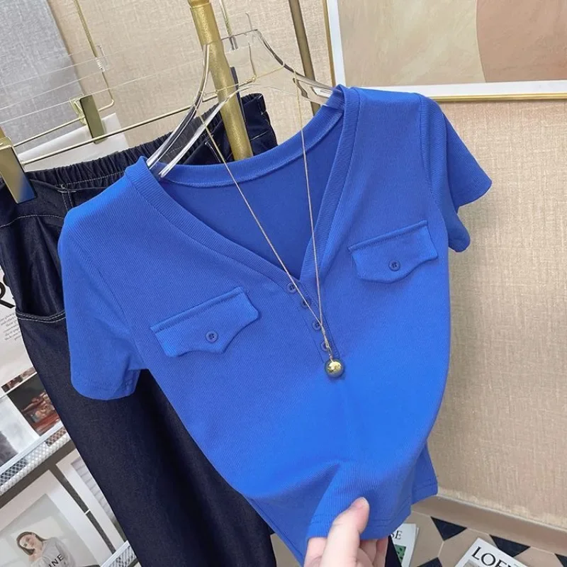 Pure Spice Girl V-neck Thread Shoulder T-shirt Women Short Sleeve Pocket Top 2024 New Summer Slim-fit Mom Short Top