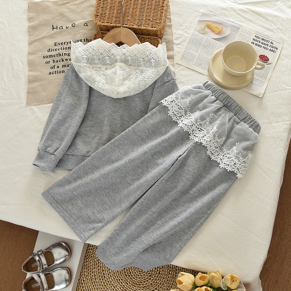 2-7-year-old Gray Casual Sports Children's Clothing Fashion Lace Splicing Hooded Girls Clothes Long Sleeved Zipper Jacket+Pants