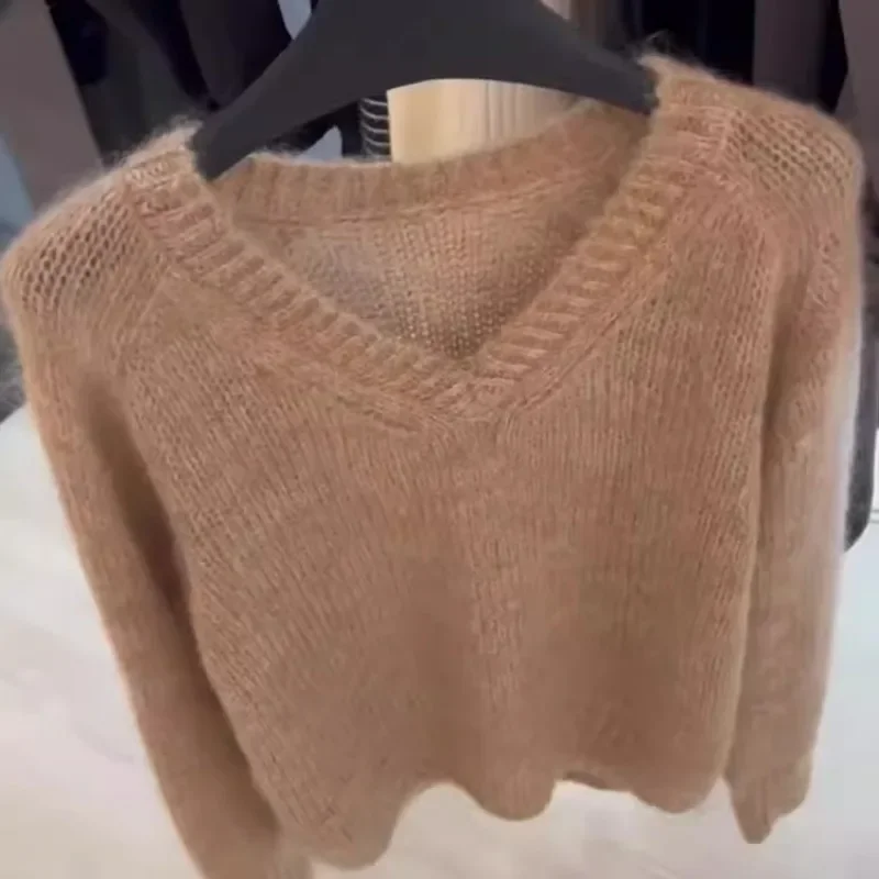 

Coffee Colored V-neck Wool Mohair Sweater Knitted Sweater