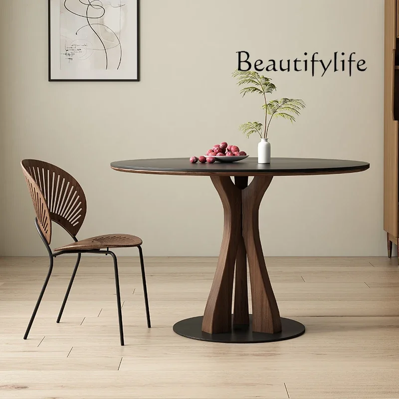 Japanese retro solid wood round dining table small apartment simple rock slab dining table