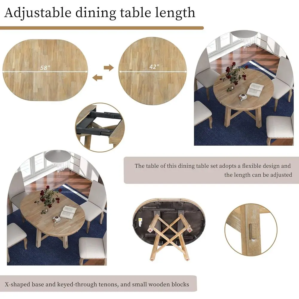 Farmhouse Extendable Dining Table for 4-6, 42"-58" Extendable Kitchen-Table with a 16" Leaf, Round Ellipse Retro Wood Dining Roo