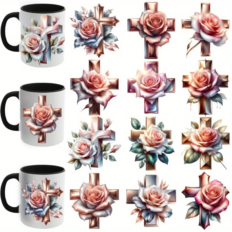 12 Stück Flower Cross UV DTF Dekopapier – wasserfestes UV DTF Transferpapier für Kunst und Handwerk, DIY