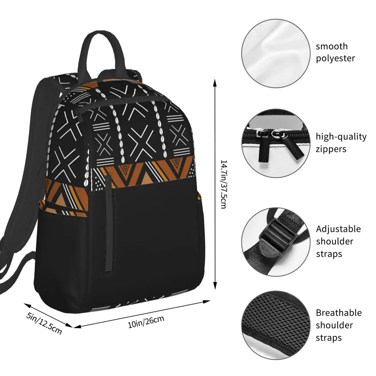African Mud Cloth Bogolan Design Backpack Student BookBag Boys Girls School Bag Computer Shoulder Bags Men Women