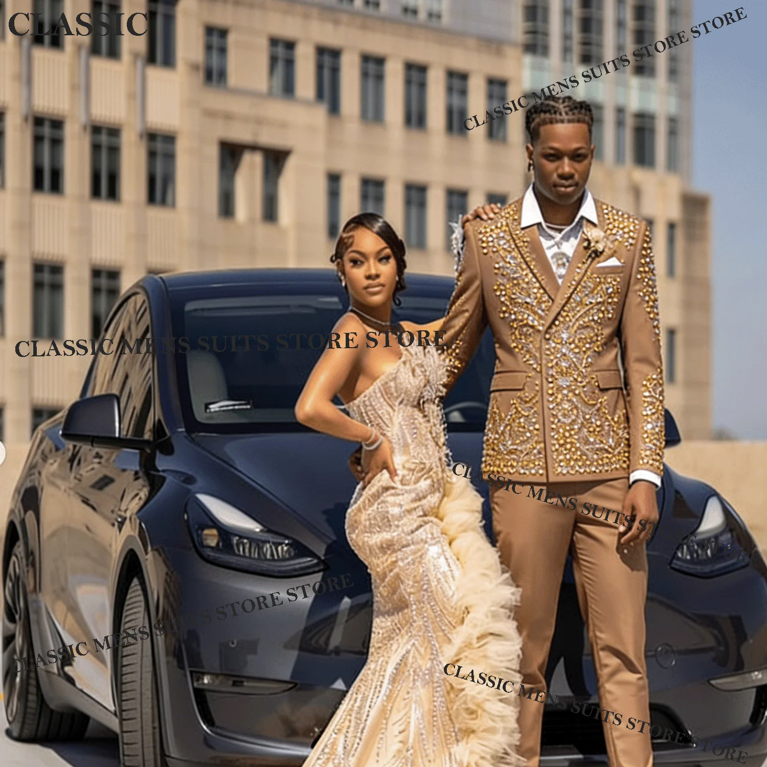 

Metallic Jewelry Ornament Tuxedo Men Suits 2 Piece Elegant Customized Wedding Groom Male Prom Blazer Slim Party Ternos Completo