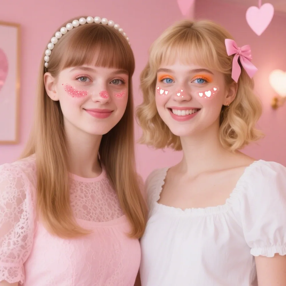 6 Sheets Sweet Pink Face Temporary Tattoos Heart Lip Star Pattern Girls Party Makeup Stickers Fashion Body Decor