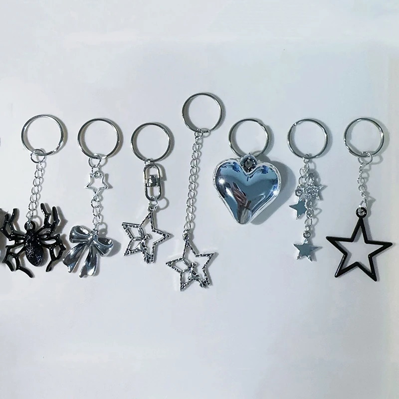 Y2K Silver Color Metal Keyring Korean Harajuku Bow Heart Star Keychain Car Key Holder Fashion Bag Pendant Purse Charm