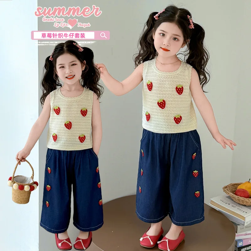 Girls Strawberry Knitted Denim Suit Children's Korean Fashion Little Girl Two-piece Set for Small and Medium Children's Summer