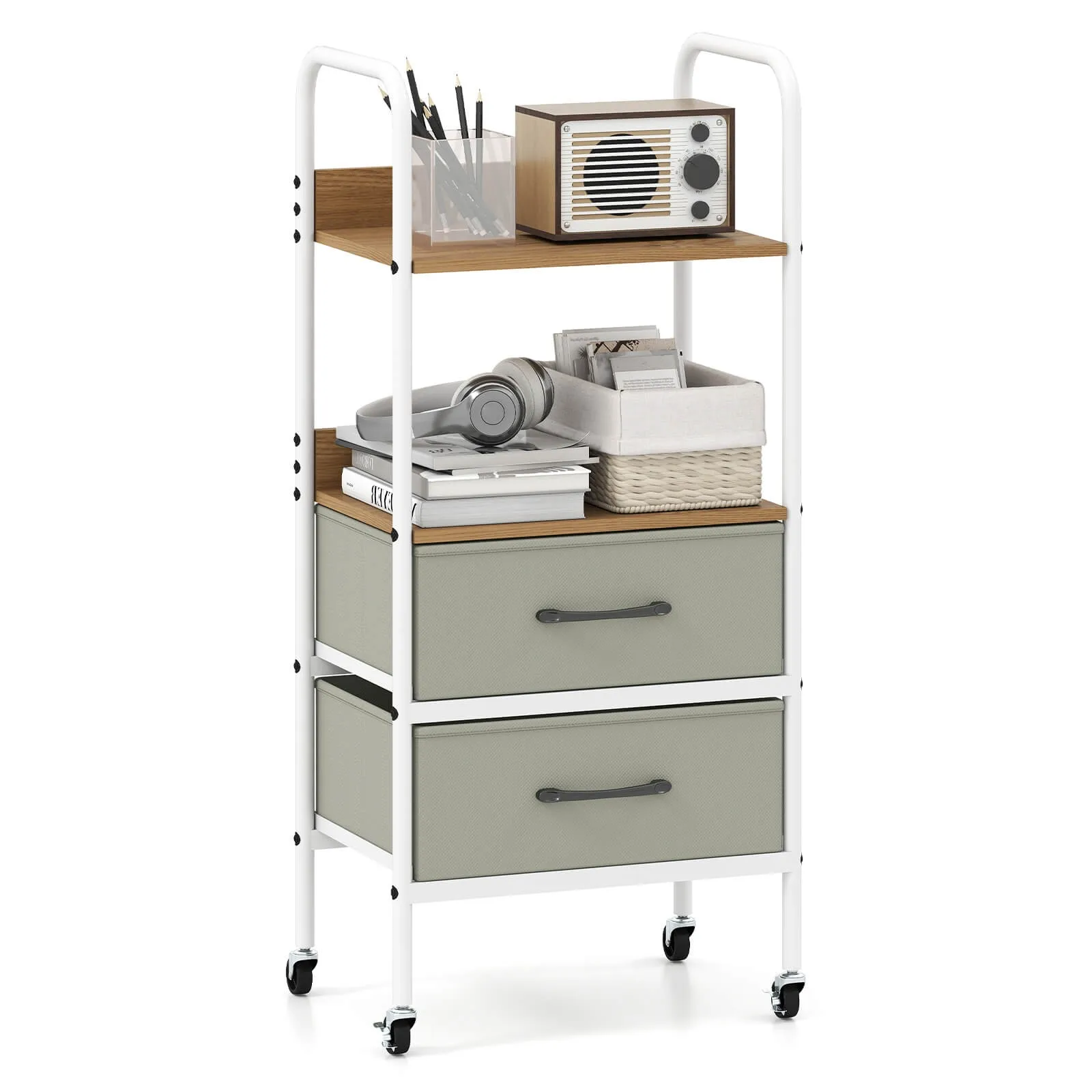 

Rolling Utility Storage Cart w/2 Open Shelves and 2 Fabric Drawers for Bedroom