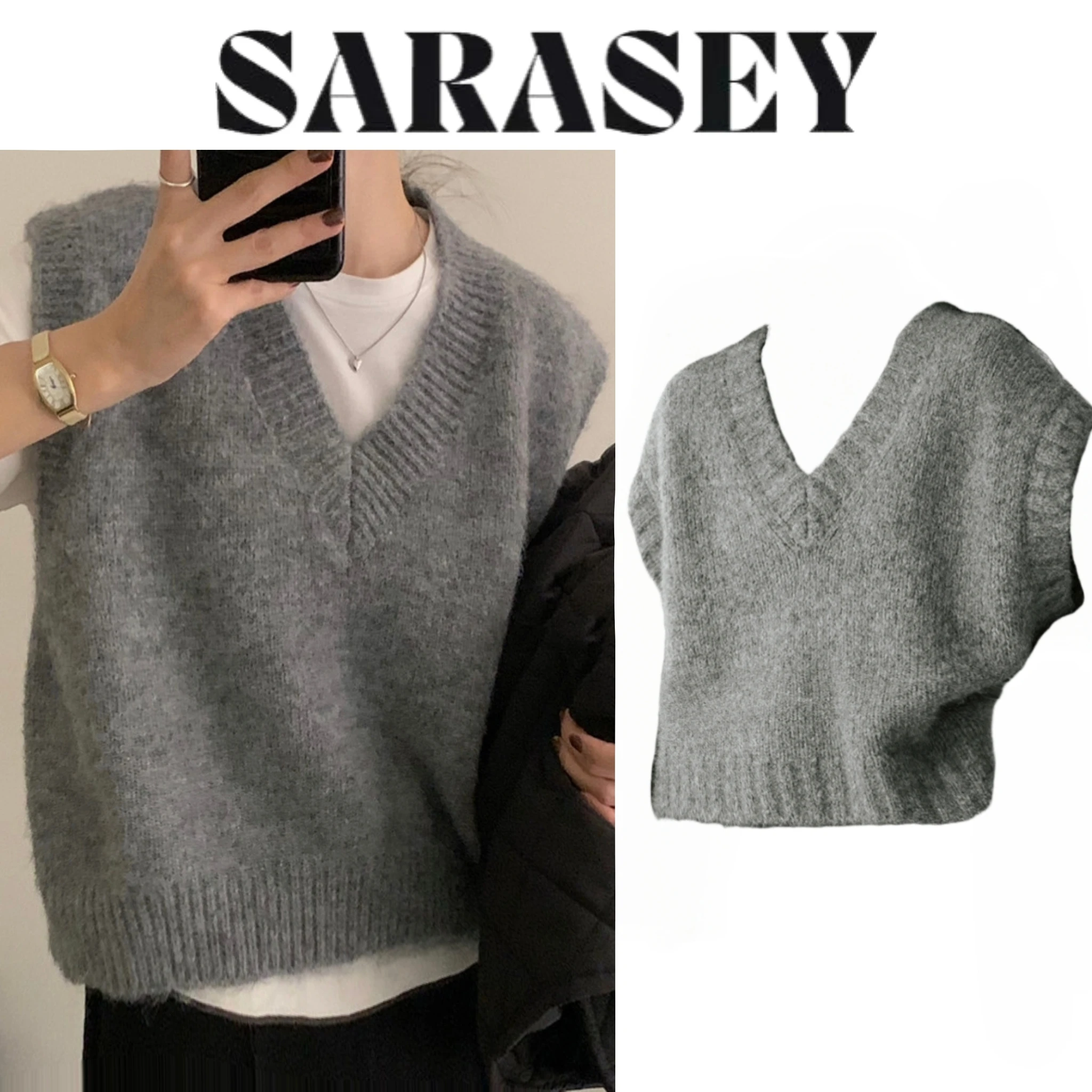 2025 여성용 회색 민소매 니트 조끼 가을 겨울 한국 스타일 달콤한 스타일 아우터웨어 스웨터 브이넥 캐주얼 니트 조끼