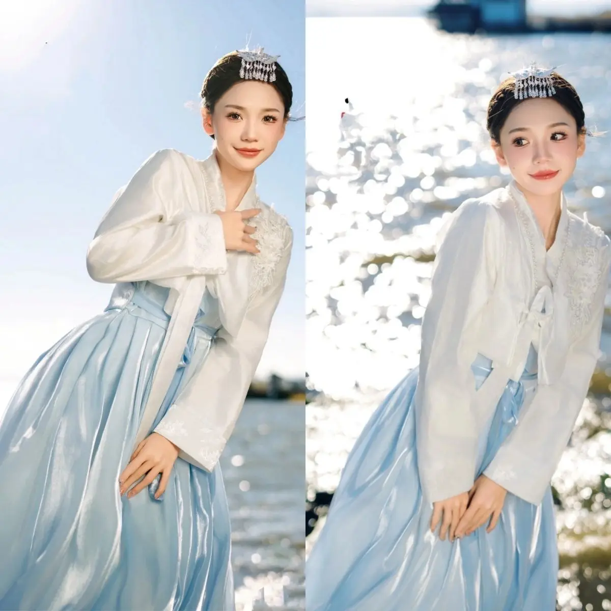 Yanji North Korea Traditional Korean Costumes Daily Wear White Top Sky Blue Skirt Hanbok The Palace Clothes