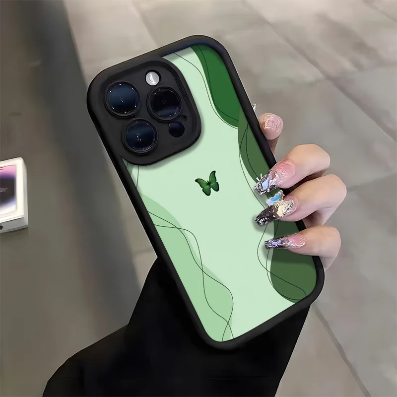 

Elegant green line butterfly phone case for iPhone 16 15 14 13 12 11 Pro/ Max/Plus shock-proof rear cover anti-fingerprint