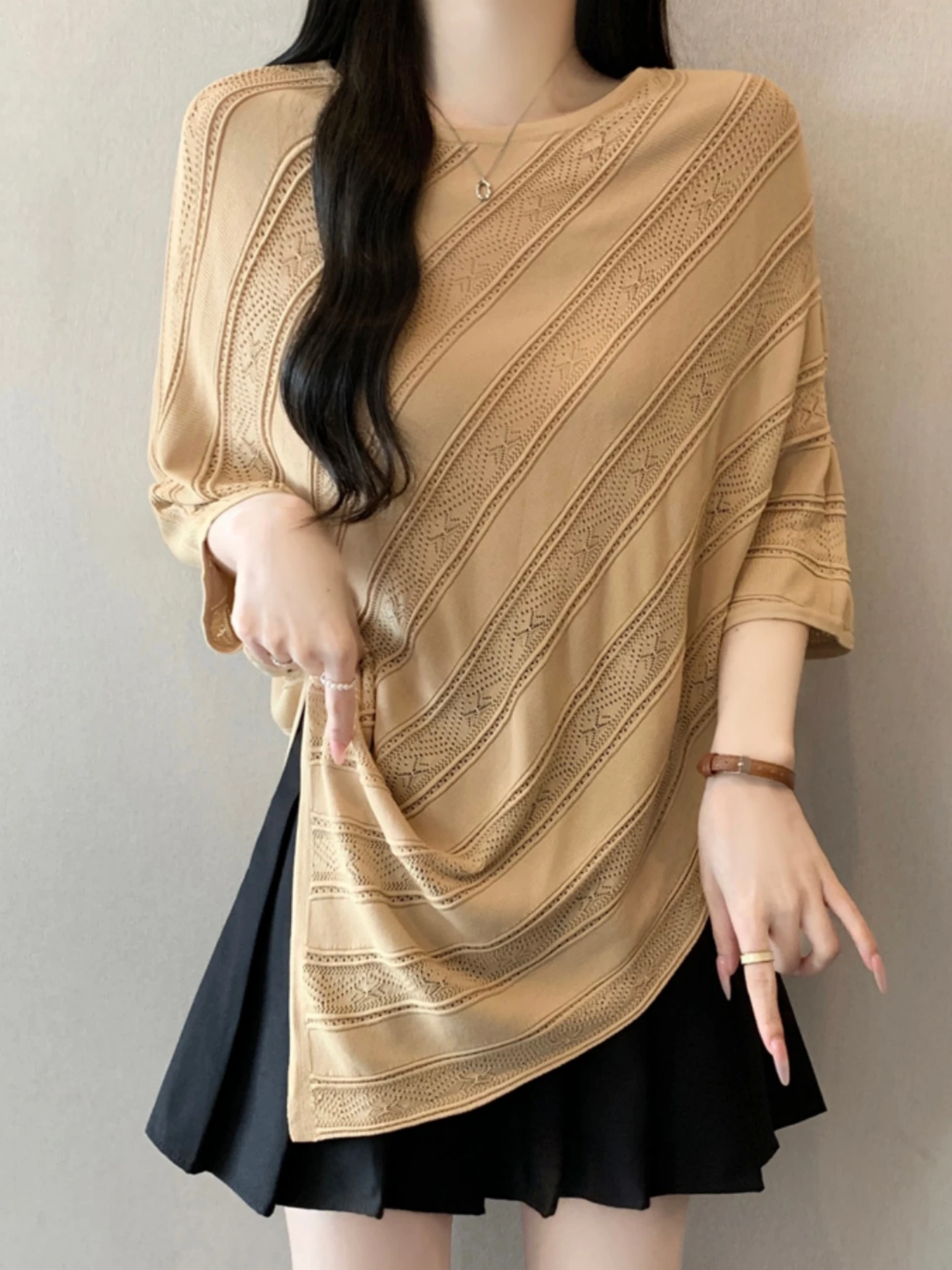 

Women's Ice Silk T-Shirt Cover up Half Sleeve Hollow out Batwing Sleeve Top Korean Style Commute Fashion Summer Slim Fit