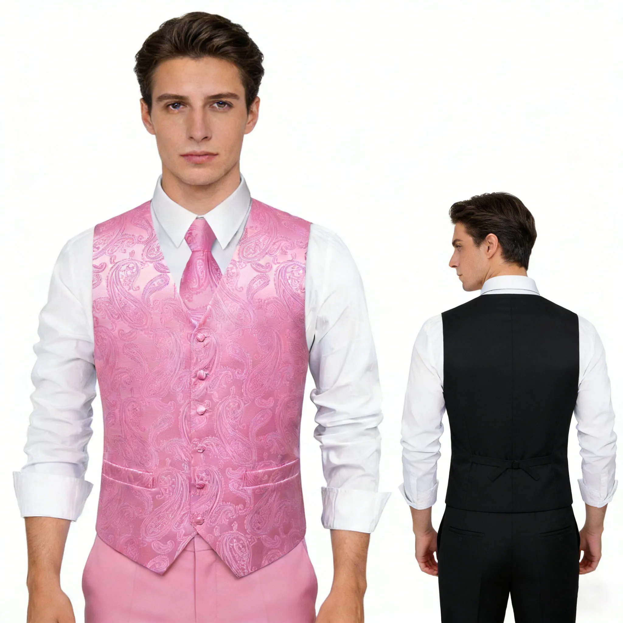 

Mens Suit Pink Vest Tie Hanky Cufflinks Set Paisley Waistcoat Sleeveless Jacket Necktie With Clip for Male Wedding Busniess