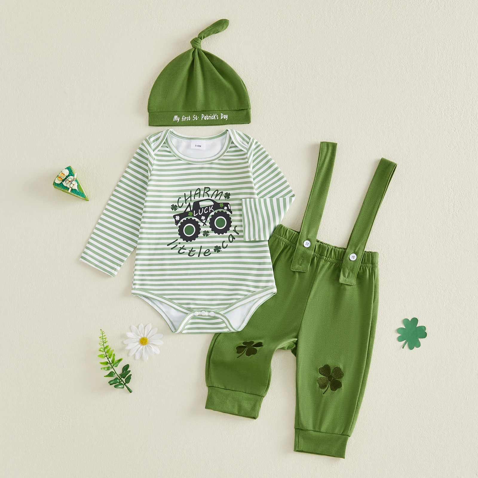 Irish Festival Baby Boy 3 Piece Outfits Letter Shamrock Print Long Sleeve Round Neck Jumpsuit Overalls Hat Set
