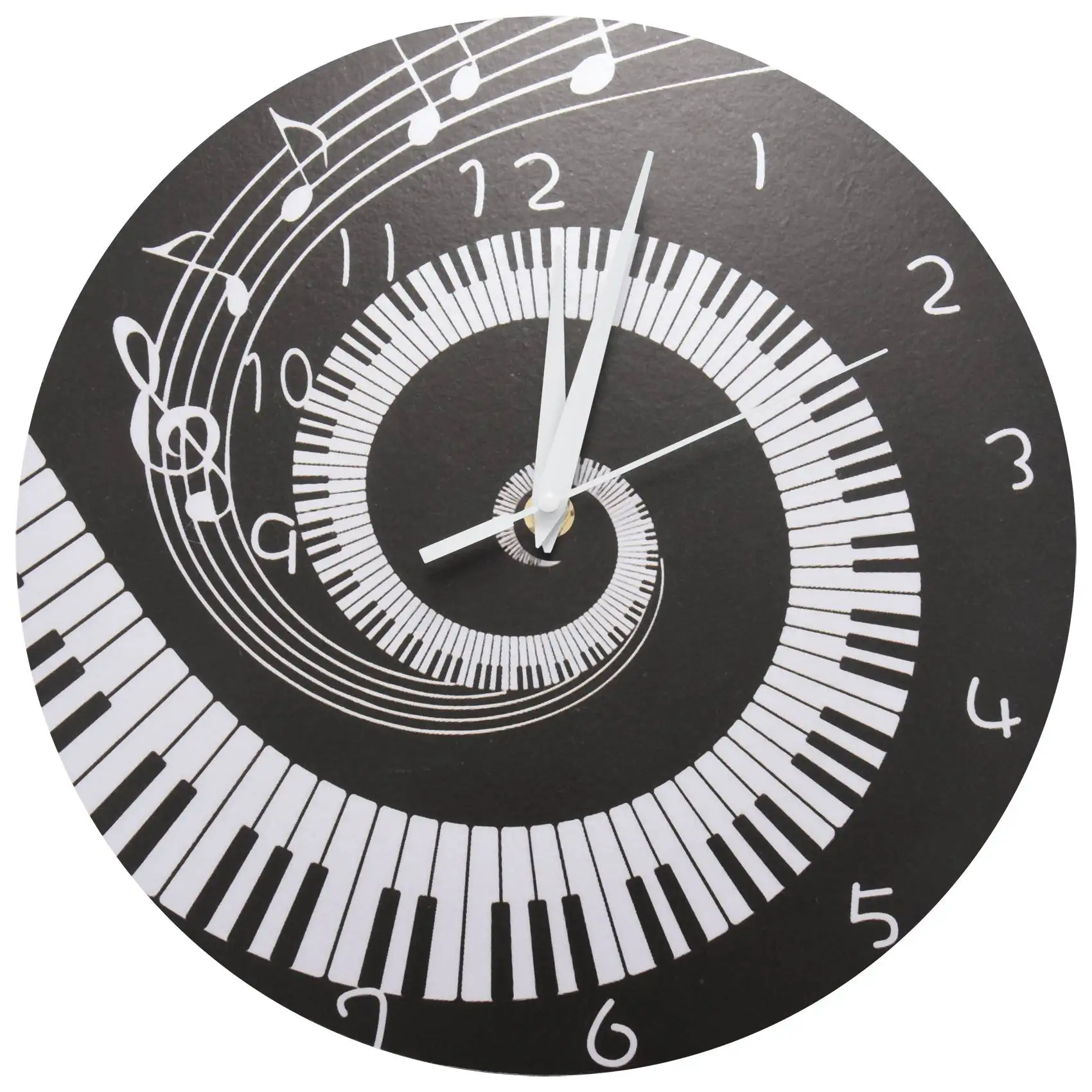 Elegant Piano Key Clock Music Notes Wave Round Modern Wall Clock Without Battery Black + White