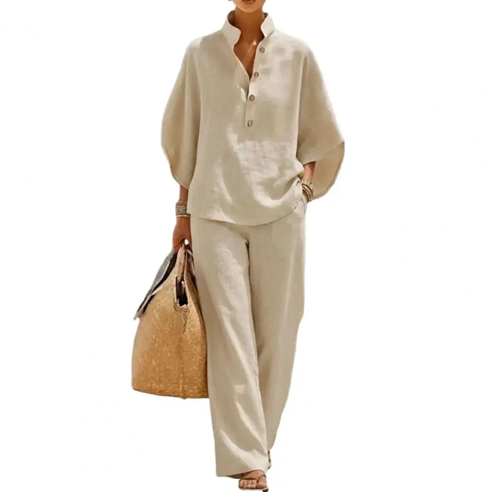 

Fashion Cotton Linen Button Stand Collar 9 Quarter Sleeves Loose Women's 2-piece Suit Spring Casual Wide Leg Pants Suit Female
