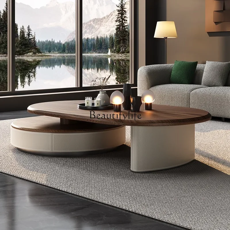 

yj5 *Retro style walnut pattern retractable round coffee table solid wood home