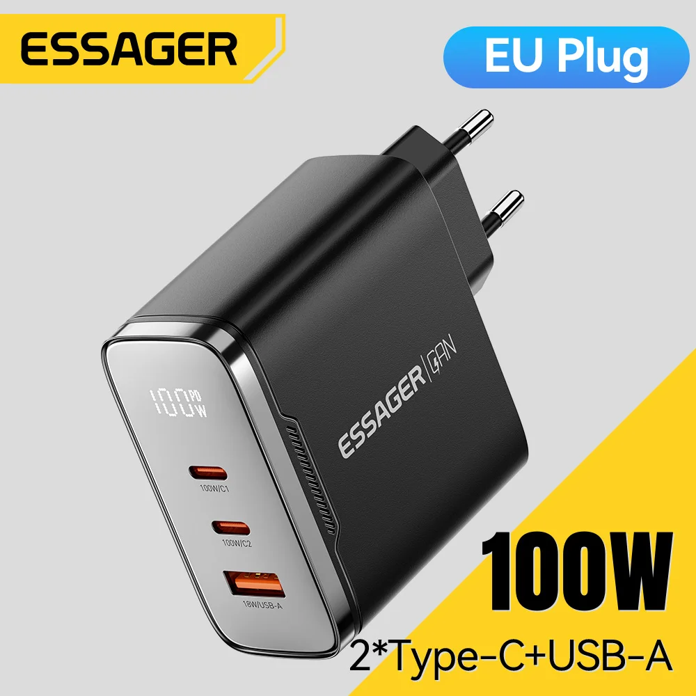 Essager 100W GaN USB Type C Charger Digital Display QC 4.0 PD 3.2  Fast Charge For Samsung Huawei iPhone17 Laptop MacBook