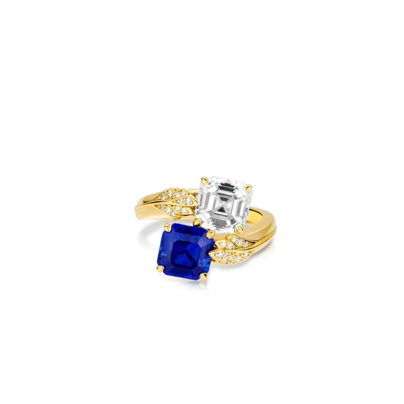 BELLUX Double Stone Ring 925 Silver Gold Plated Square Cut Blue White Leaf Shaped CZ Accents Vintage Inspired Fashion Ring