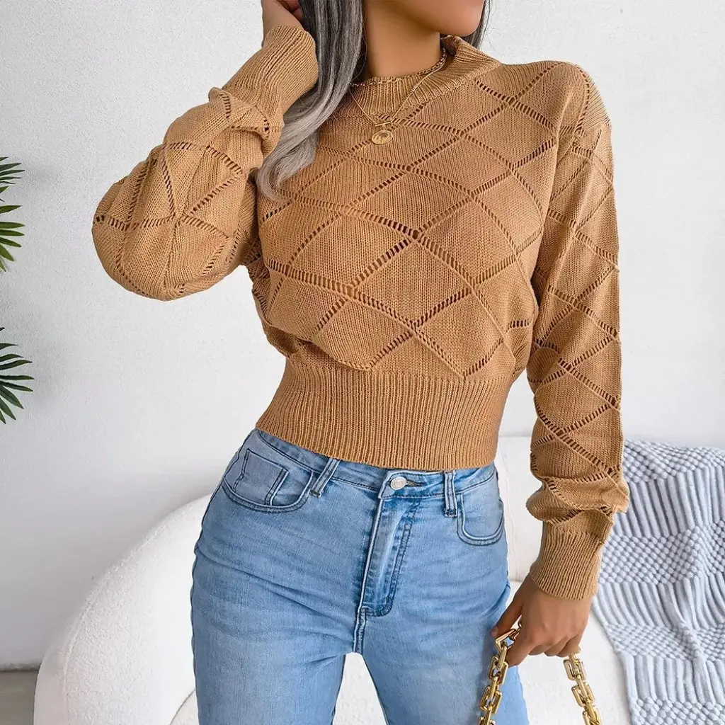 

Women's Hollow Plaid Knitted Sweater Long Sleeve Navel Length Autumn Winter Fashion European American Style Independent Station