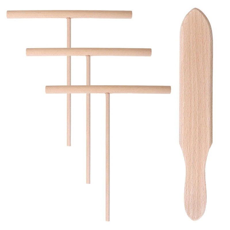 Set Of 4 Spatula Set Wooden T Sticks For Spreading Pancake Batter Wood Color Kitchen Tool Utensils For Uniform Crepe Maker