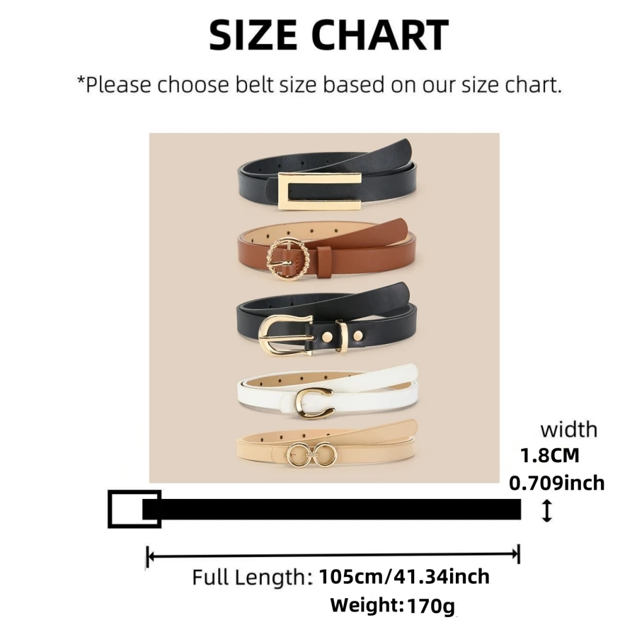 5pcs Belt Women Fashion PU Leather Thin Belts with Alloy Buckles in Solid Color Simple Pin Buckle Thin Belt For Jeans Dresses​