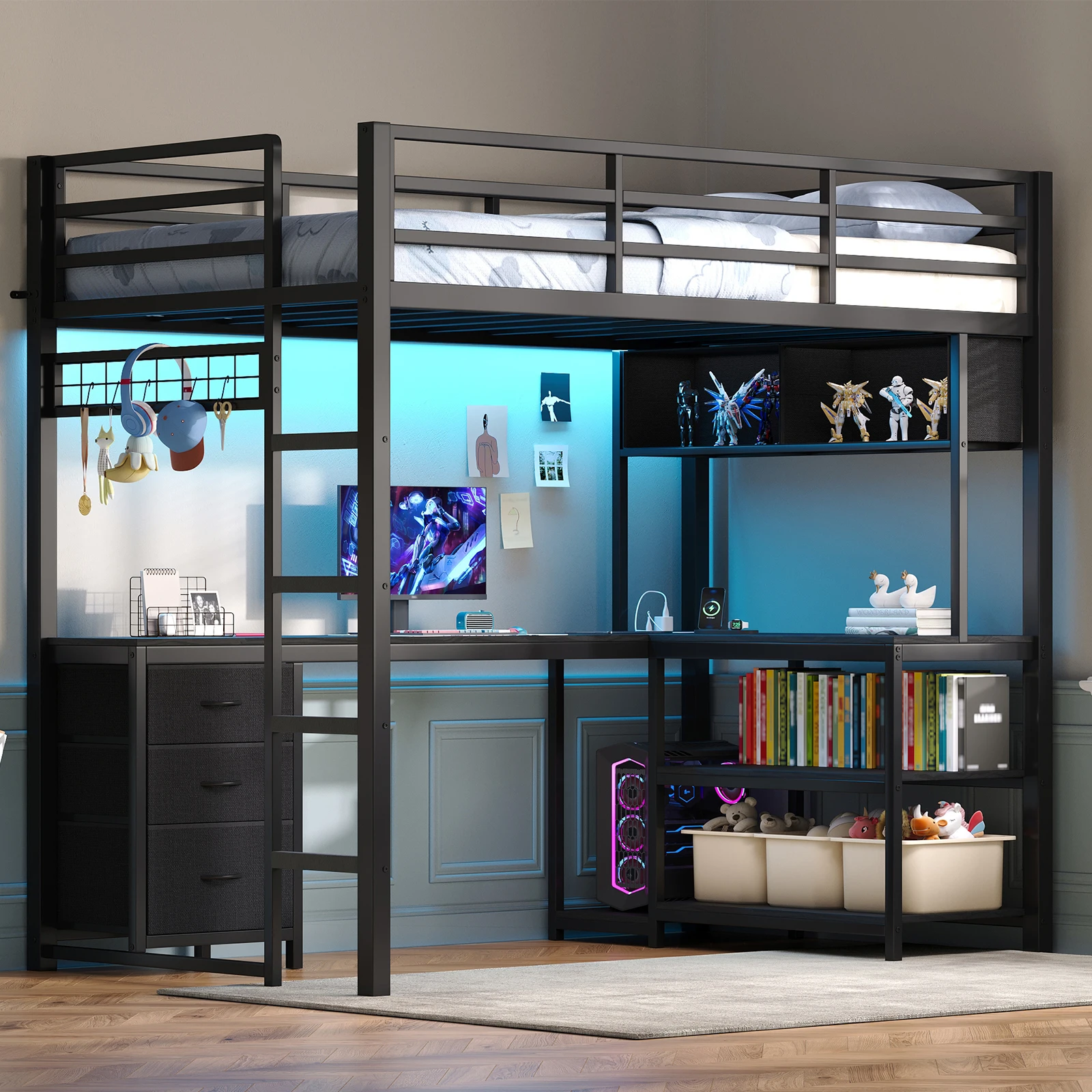 78.2*41.2" Twin Loft Bed with L‑Shaped Desk, RGB LED Lights, Black Metal Loft Bed Twin Size with Charging Station, 3 Fabric Drawers, Open Shelves, Space Saving for Teens Adults