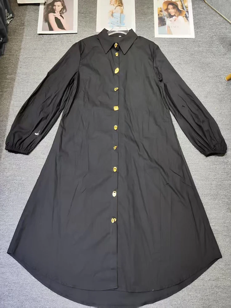 25 أوائل الربيع المرأة الجديدة التلبيب صف واحد قميص فضفاض بأكمام طويلة تنورة موضة بلون مزاجه فستان طويل ألف خط