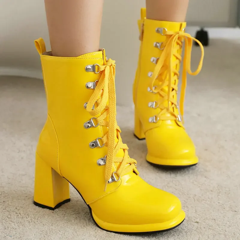 

Patent Leather Yellow White Extra Plus Size 46 Lace-up Womens Snow Boots Square Chunky Heels Gothic Winter Warm Shoes