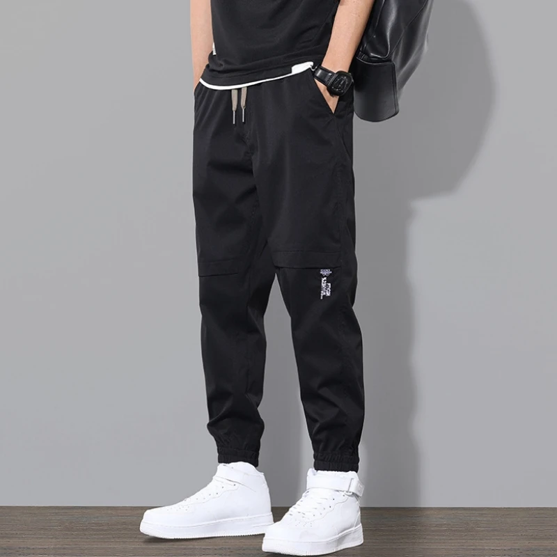 Men Pants Solid Color Elastic Waist Men Trousers Drawstring Ankle-banded Cargo Pants For Daily Wear Casual