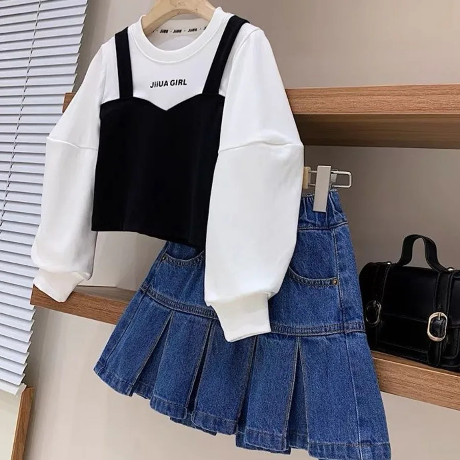 

Summer Little Girls Children Clothing Set Two 2 Piece Set Top+ Denim Skirt Baby Clothes Kids Birthday Outfits For Women