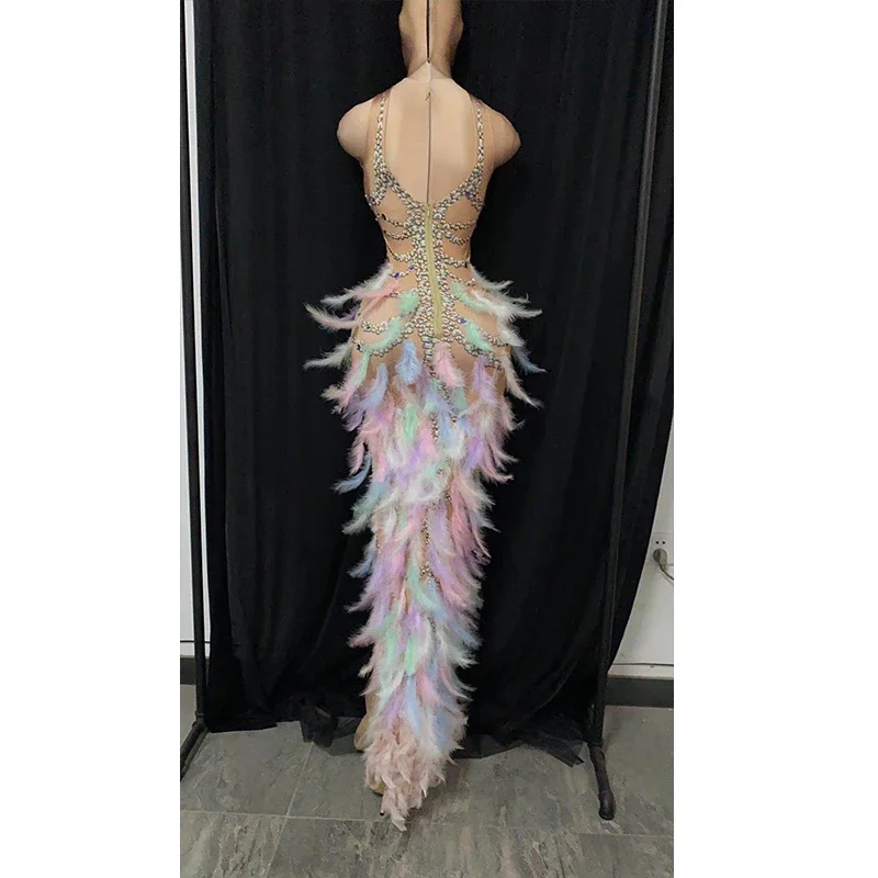 Colorful Feather Dress Sexy Women Singer Stage Show Outfit Crystal Stone Club Entertainer Party Dress Prom Social Costume