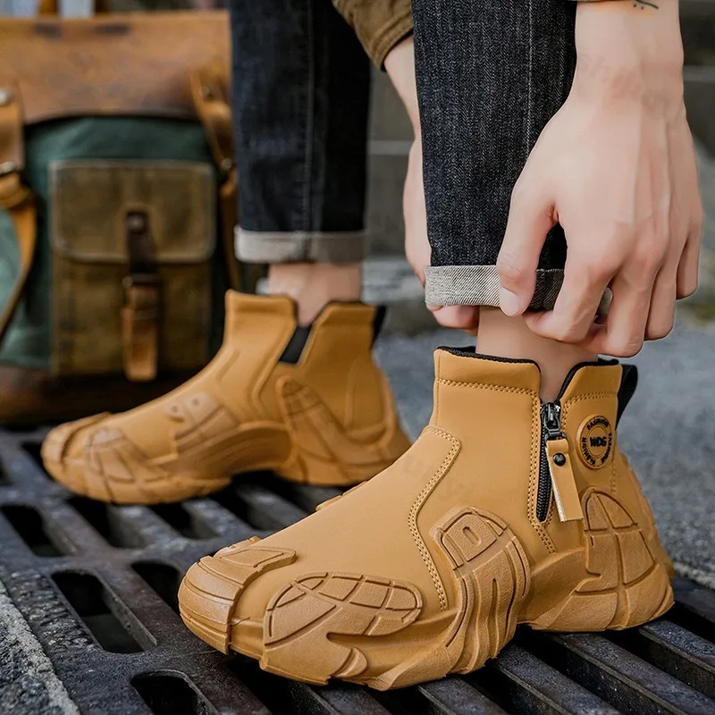 

2025 Autumn Concise Solid High Top Casual Sports Short Boots for Men's Fashion Versatile Comfortable Non Slip Chunky Ankle Boots