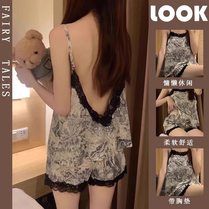 Vintage Print Satin Pajama Set Women Lace Trim Spaghetti Strap Cami Top and Shorts Sleepwear Lounge