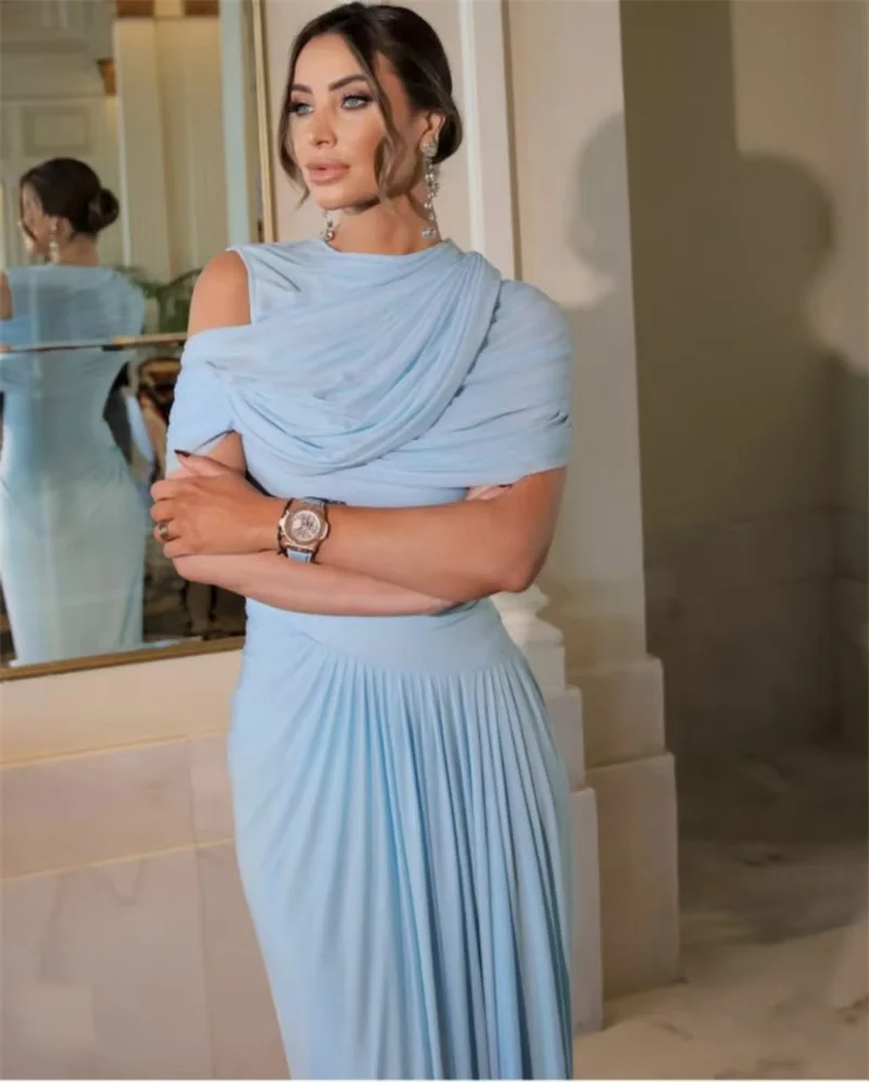 

Blue Prom Dress Cape Wrap One Short Sleeves Ruffles Long Sheath Formal Wedding Guest Evening Robes Party Bridal Gown