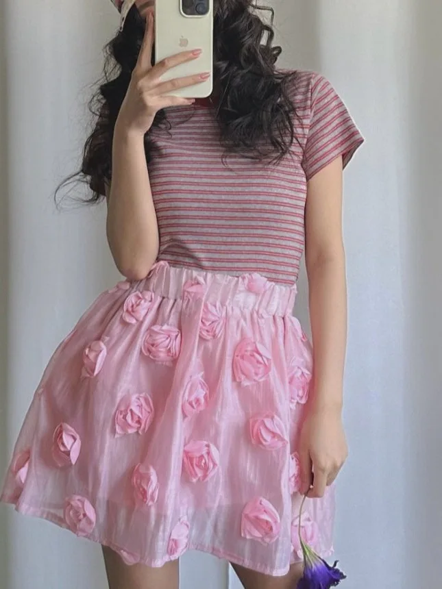 

Sweet High Waist 3D Flower f Body Skirt Women's New Summer Sle Commute A-Line Skirt Pure Color Other Material 00%