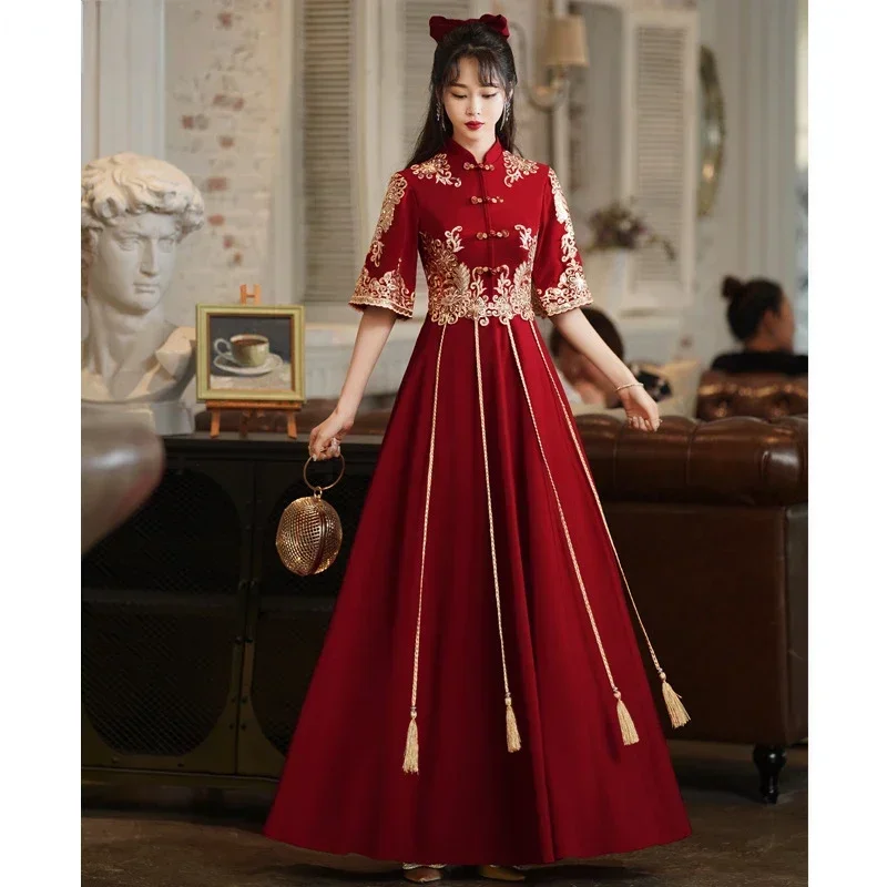 

Traditional Red Bridal Dress Chinese Wedding Cheongsam Vintage Elegant Toast Clothing Modern Evening Party Gown Qipao Vestido