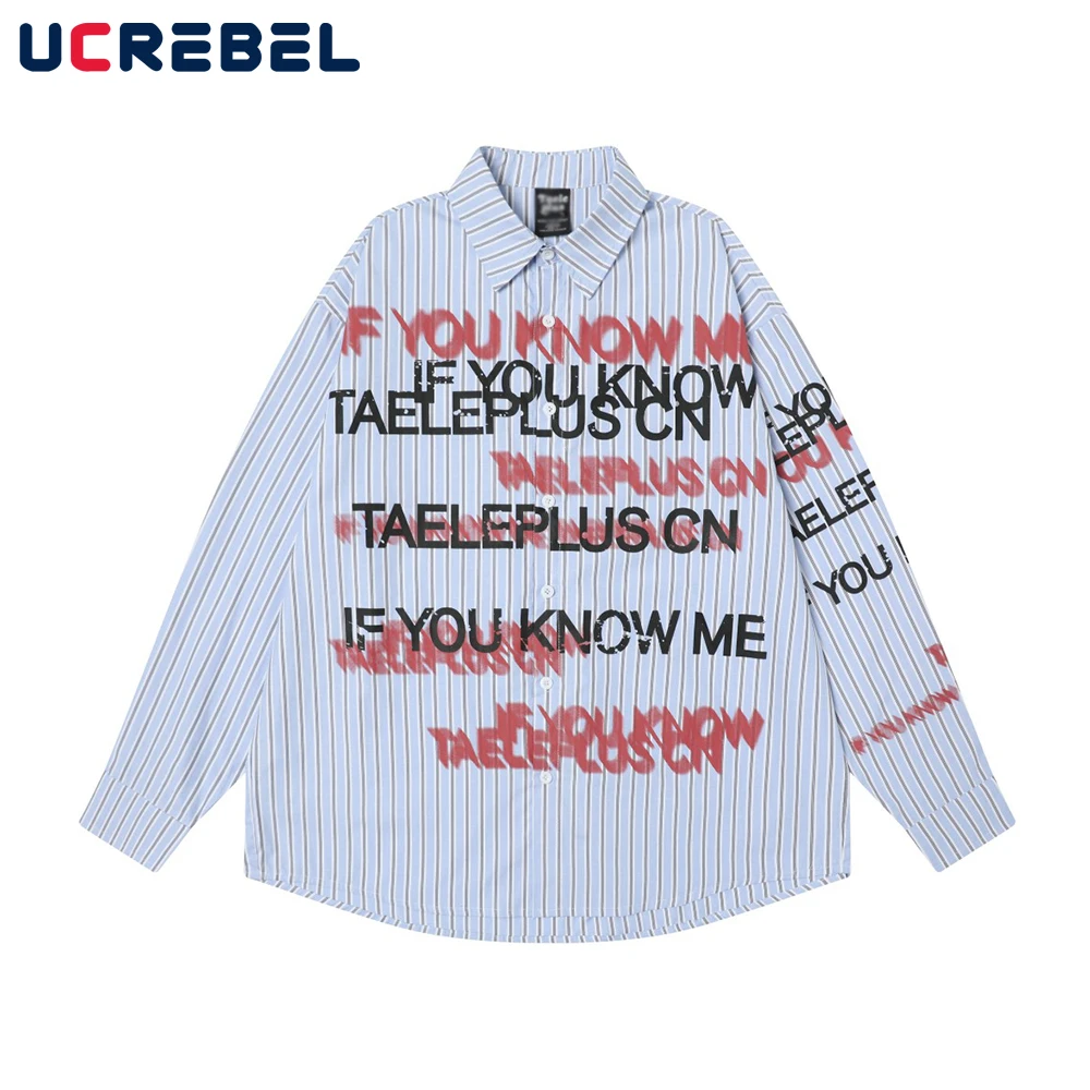 

Letter Print Vertical Stripes Shirts Mens Autumn High Street Single Breasted Loose Lapel Long Sleeve Shirts Man