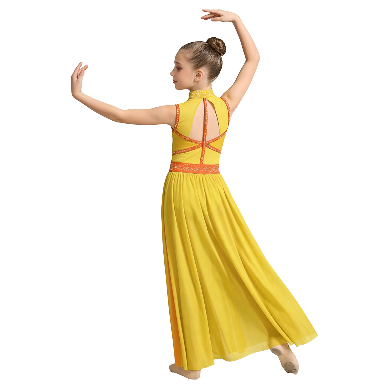 Kids Girls Modern Lyrical Dance Dress Sleeveless Shiny Rhinestone Mesh Maxi Dress Leotard Ballet Figure Skating Ballroom Costume - view 2