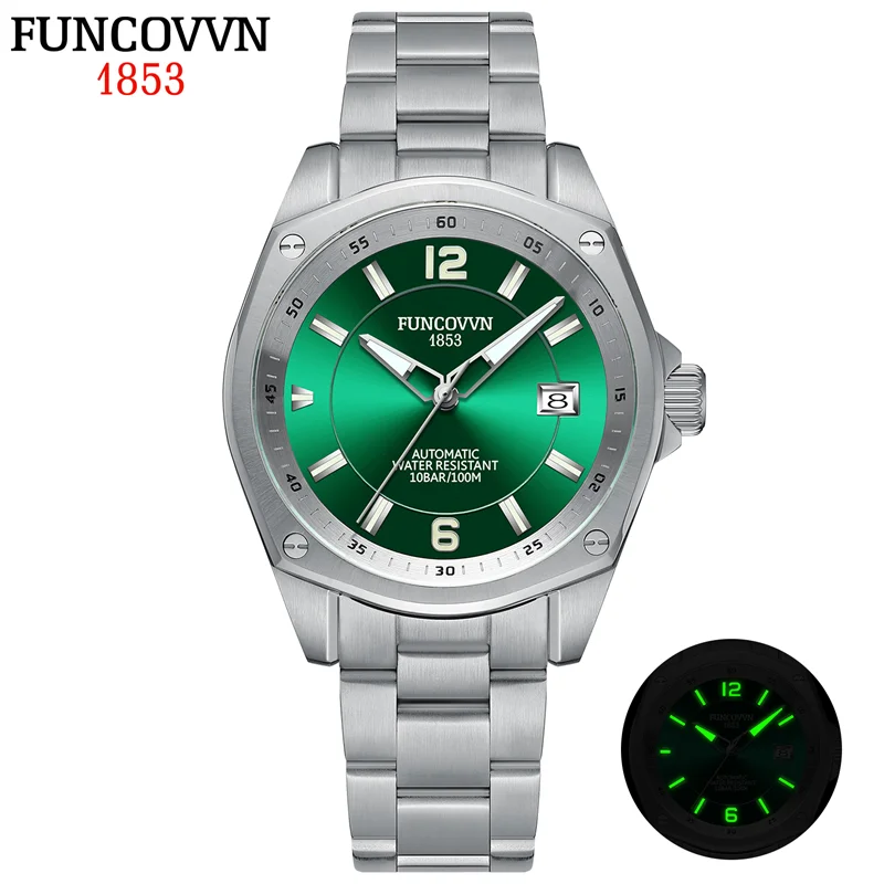 FUNCOVVN Men Mechanical Watch Luxury Automatic Watch Sport Stainless Steel 100M Waterproof Watch for Men Date NH35 BGW9 Reloj